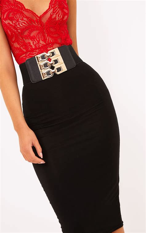 black dress with waist belt.